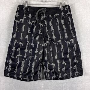 VTG No Fear Board Shorts Mens M Black Pole Dancer Pin Up Beach Pool Summer Y2K